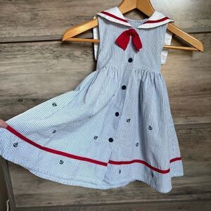 Blue White Stripe Seersucker Dress Sailor Collar & Anchor Embroidery see INFO